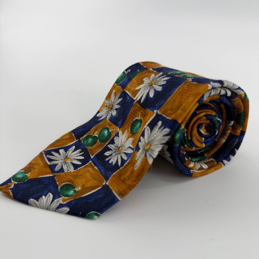 Ermenegildo‎ Zegna Silk Tie Navy Blue Gold Daisy Apple Checkered Floral Italy